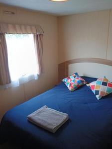 a bed with a blue blanket and two pillows at 16 Vale Park in Fishguard