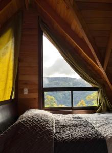 a bed in a room with a large window at El Quetzalito Cabin in San Gerardo de Dota