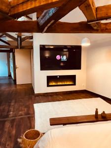 a living room with a fireplace in the wall at Maison Laroque & Spa in Bellefont-La Rauze