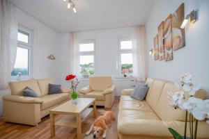 a living room with two couches and a dog at Harzurlaub mit 2 Hunden - FeWo Alte Schule in Sankt Andreasberg in Sankt Andreasberg +12 photos
