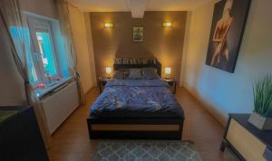 a bedroom with a bed in a room with a window at Siedlisko Wyżne in Wyżne