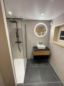 a bathroom with a sink and a shower at Chalet Les Balcons du Risoux in Bellefontaine +41 photos