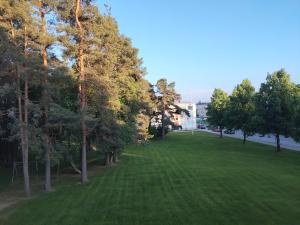 a green field with trees and a building in the background at Kaksio lähellä keskustaa in Iisalmi