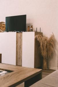 a living room with a tv on top of a table at Studio apartman NN - Boračko jezero in Konjic
