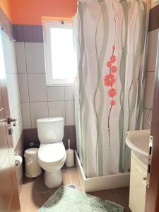 a bathroom with a toilet and a shower curtain at Villas Kavouri in Kryonéri +5 photos
