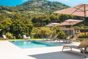 a pool with chairs and umbrellas with a mountain in the background at Casa da Alufinha in São João da Fontoura