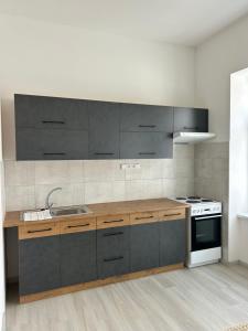 a kitchen with gray cabinets and a sink and a stove at Dům na náměstí in Nová Bystřice +6 photos