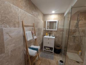 a bathroom with a shower and a sink at Gîte du Domaine du Moulin de la Roque in Castels +26 photos