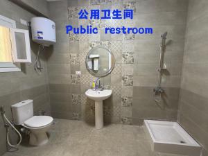 a bathroom with a toilet and a sink and a mirror at 瑞龙居民宿 in New cairo