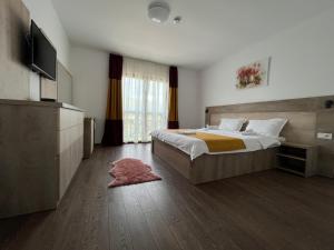 a hotel room with a bed and a television at Cabana Chalet Transylvania in Orlat