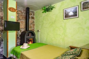 a bedroom with a bed and a wood stove at Casa Engracita in Valle de Lago