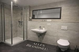 ein Badezimmer mit Dusche, Waschbecken und Toilette in der Unterkunft Gasthaus Eiserner Löwe in Brattendorf