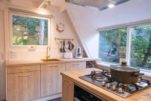 a kitchen with a stove with a pot on it at Chalet Lupin in Durbuy