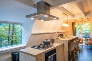 a kitchen with a stove and a counter top at Chalet Lupin in Durbuy +32 photos