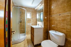 a bathroom with a toilet and a shower and a sink at Walter Waves Private Apartment with Balcony and Self Check-In in Costinesti +48 photos
