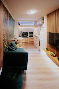 a living room with a couch and a television at Apartment Slupečná Lipno in Kramolín