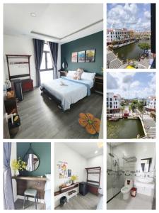 a collage of pictures of a hotel room with a bed at Thiên Ý Homestay in Phú Quốc