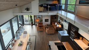 an overhead view of a living room and dining room at Bergnes Lodge in Senja
