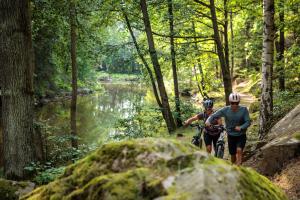 two people riding bikes down a trail near a river at Hauszeit mit Pfoten in Litschau