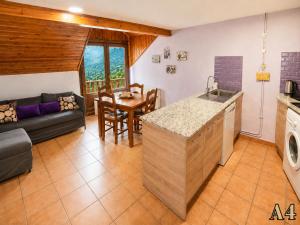 a kitchen and living room with a couch and a table at Hostal Rural Sant Climent - Habitacions i Apartaments in Taüll