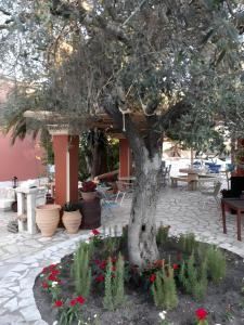 a tree in a garden with flowers in a courtyard at Family 2BR Apt Kitchenette Pool 7 in Gouvia +32 photos