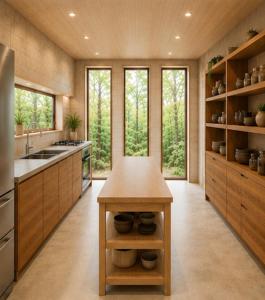 a kitchen with wooden cabinets and a island with a table at A short walk to Akakura Onsen Ski Lift and Town by Japow House in Myoko