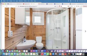 a bathroom with a shower and a toilet and a sink at Villa Bearcorner in Härbyste
