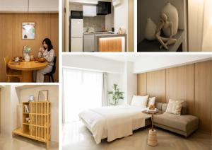 a collage of photos of a bedroom and a kitchen at GIVE Meidaimae in Tokyo