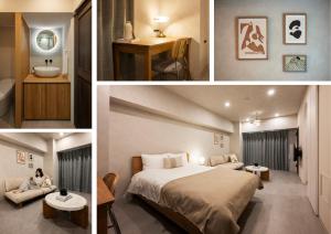 a hotel room with a bed and a bathroom at GIVE Meidaimae in Tokyo