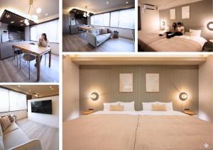 a hotel room with a large bed and a dining room at GIVE Meidaimae in Tokyo