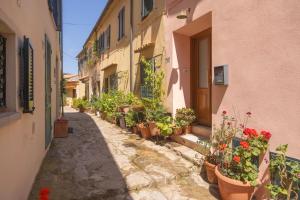 an alley with potted plants on the side of a building at Domina House by ElbaSummer in Marciana