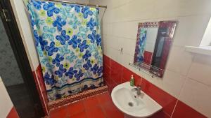 a bathroom with a sink and a shower curtain at Гостиница Саян in Shymkent