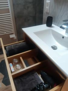 a bathroom with a sink and a white counter at Gîte de l'Ancienne Forge in Epfig