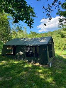 a green tent sitting in the grass in a field at Sanovia Glamping Max in Reczpol