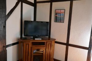 a television sitting on a wooden stand in a room at Ondas Eco-Gîtes in Arsagne