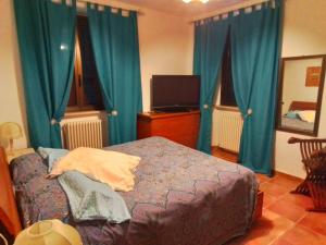 a bedroom with blue curtains and a bed and a television at L'ora d'aria in Bardi