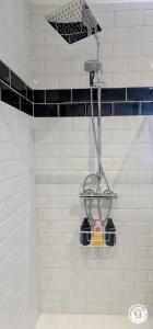a shower in a bathroom with black and white tiles at Le Tandem in Losne +8 photos