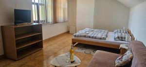 a bedroom with a bed and a tv and a couch at Penzion Bernardýn in Bořetice
