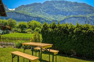 a picnic table with a view of a mountain at Gemütliches Gartenhüttli mit Alpenblick in Meiringen