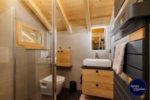 a small bathroom with a toilet and a sink at Cozy Chalet with Terrace Peaceful Nature Views in Bluffy +17 photos