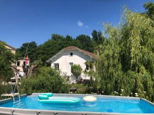 a pool with blue inflatables in a yard at La villa du Moulin in Aujac