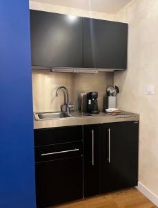 a kitchen with black cabinets and a sink at Le Petit Horloge, Hyper centre de Rennes in Rennes