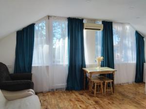 a living room with blue curtains and a table at Old House Ureki in Ureki