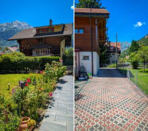 a house and a brick walkway in front of a house at Gemütliches Gartenhüttli mit Alpenblick in Meiringen