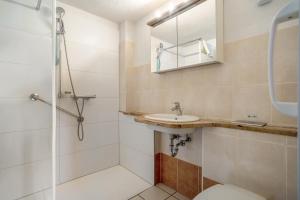 a bathroom with a shower toilet and a sink at Ferienwohnung 2 in Gribow