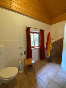 a bathroom with a toilet and a window at Seehaus Simssee in Stephanskirchen +20 photos