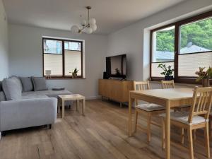 a living room with a couch and a table at Start na Szlak - dom Rytro in Rytro