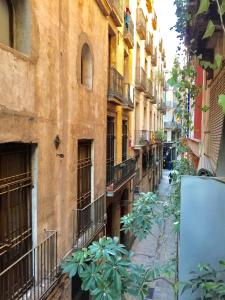 un edificio antiguo con balcones en una calle de la ciudad en Pension La Calma, en Barcelona