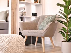 a chair in a living room with a plant at Fynbos Studio DG in der Altstadt, Frauenkirchenblick, Parkplatz in Meißen