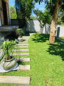 a garden with two potted plants on the grass at Monara Blue Beach in Dickwella